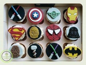 Marvel superman, Spiderman, Thor, batman, Ironman, captain America, star Wars Chewbacca, light sabre, c3po, Yoda, Darth Vader birthday cupcakes