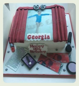 Theatre drama themed 18th birthday cake with tickets, make up, masks, stage, curtains