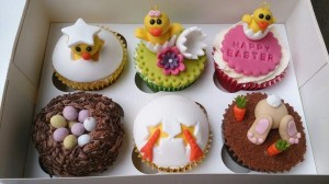 Easter themed cupcakes with chick, eggs and bunny