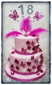 Birthday cake decorated with pink & white butterflies and pink feathers