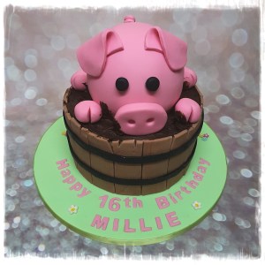 Pig in Wooden barrel birthday cake