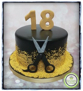 Black and gold 18th birthday cake with hairdresser scissors